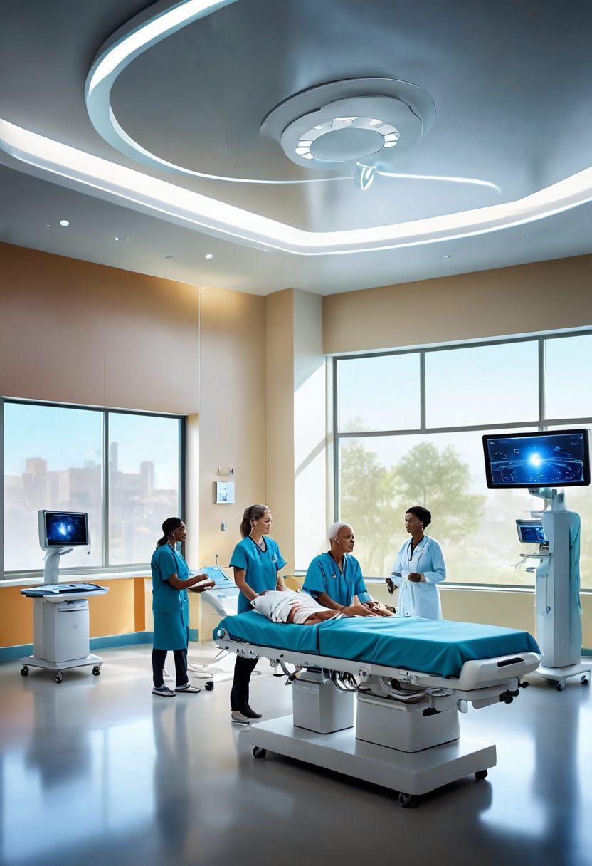 A futuristic hospital scene showcasing advanced cancer treatment technologies, with diverse healthcare professionals collaborating around cutting-edge equipment. Patients are depicted engaging in holistic wellness activities, emphasizing the synergy between innovative therapies and patient care. Soft natural light creates an inviting atmosphere, suggesting hope and healing. super-realistic. vibrant colors. bright background.