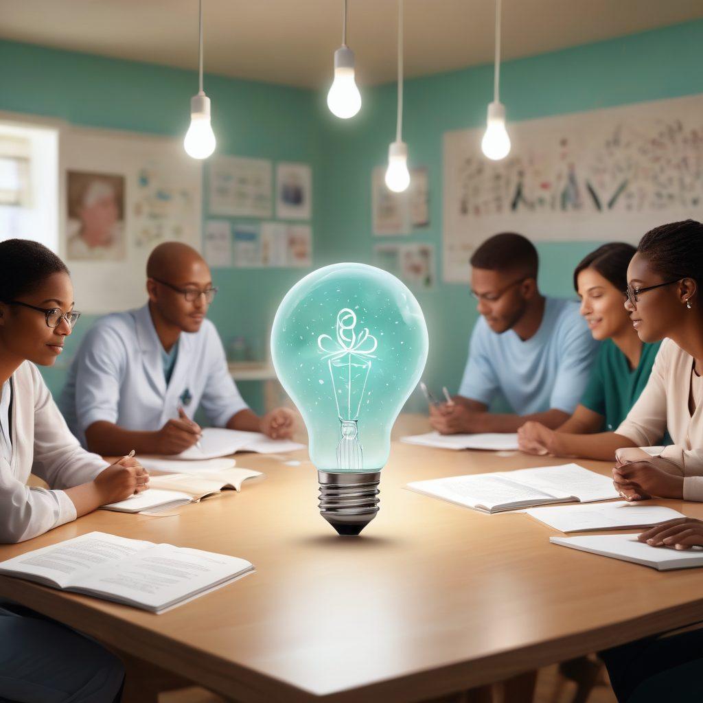 A serene and uplifting scene featuring a diverse group of individuals engaged in collaborative discussions about cancer research. Include symbols of hope such as a glowing light bulb representing ideas and innovation, alongside books and medical research papers scattered around. In the background, a subtle depiction of a supportive community, with healing colors like soft blues and greens emphasizing optimism. super-realistic. vibrant colors. white background.
