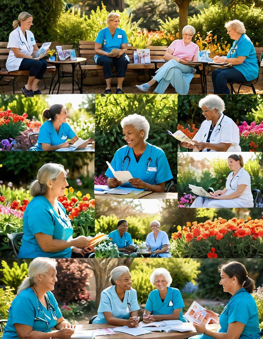 A collage depicting vibrant scenes of support within the cancer community: a friendly support group meeting, a healing garden with blooming flowers, a compassionate nurse assisting a patient, and colorful resources like pamphlets and online forums, all framed with sunlight streaming through. super-realistic. vibrant colors. soft focus.